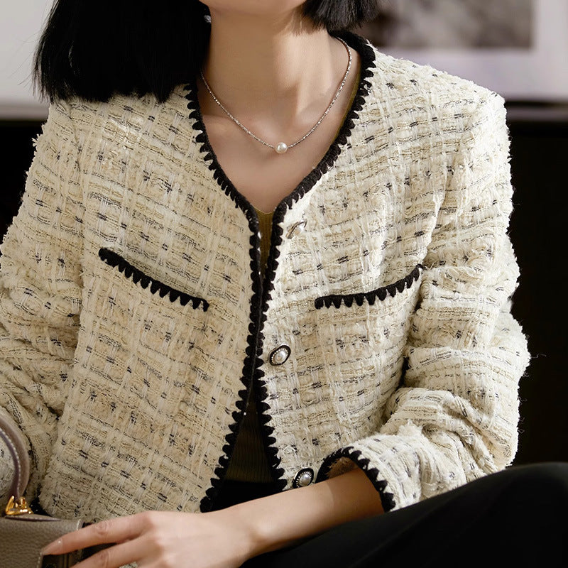 2025 High-end contrasting color Xiaoxiangfeng coat, spring and autumn white tweed short women's coat, spring new women's clothing