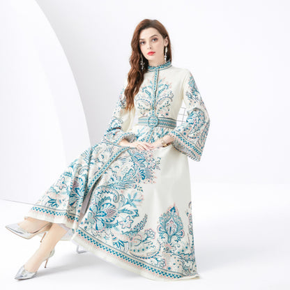 popular new  retro court style printed dress for women's high-end feeling loose waist horn sleeve dress skirt