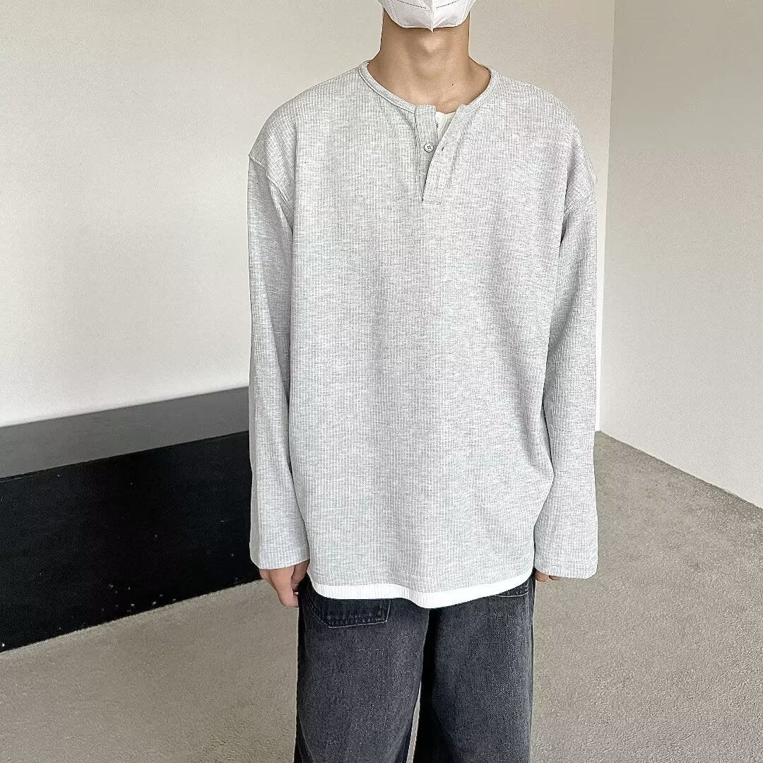 saferido      -shop mens outfit inspiration Japanese Retro Henry Collar Fake Two-Piece Long-Sleeved T-shirt Men's Autumn Casual Sweater Men's Autumn Bottoming Shirt