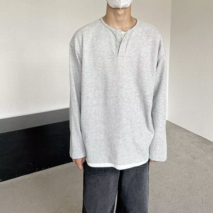 saferido      -shop mens outfit inspiration Japanese Retro Henry Collar Fake Two-Piece Long-Sleeved T-shirt Men's Autumn Casual Sweater Men's Autumn Bottoming Shirt
