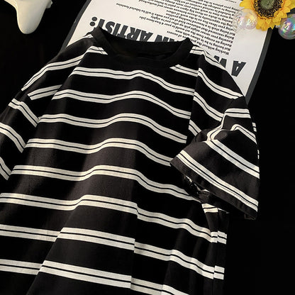 saferido      -shop 90s streetwear Japanese Striped Short-Sleeved T-shirt Men's Summer Loose Casual Retro Niche Versatile Cotton round Neck Bottoming T-shirt