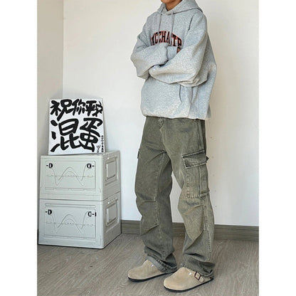 saferido      -shop mens outfits American Retro Vintage Pants High Street Washed Green Jeans Men's Straight Loose Logging Overalls