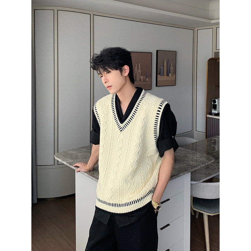saferido      -shop mens fashion Shanlitadi Autumn and Winter College Style Twist Sweater Men's Casual V-neck Vest Sweater Korean Style Loose Waistcoat Top