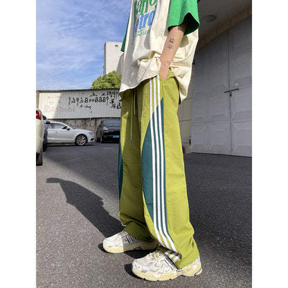Summer dopamine quick-drying casual pants men's trendy three-bar contrast color loose straight American sports paratrooper pants