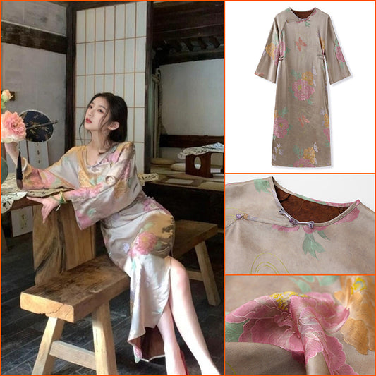 national style new Chinese printing design sense split silk cheongsam dress slim slim dress M6065