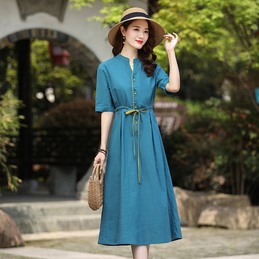 National style medium and long temperament dress  summer new fashion waist thin breathable long skirt