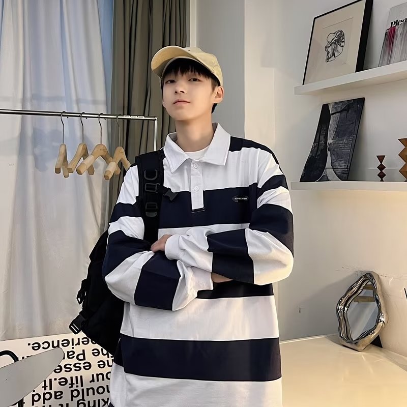 saferido      -shop black men fashion urban Retro Color Matching Striped Long-Sleeved Polo Shirt Men's Fashion Brand Loose Boyfriend Style Couple Casual Sweater Jacket