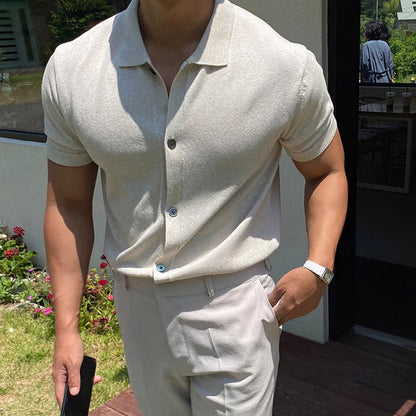 saferido      -shop old money outfits men Ice Silk Knitted Short-Sleeved Men's Summer Ruffle Handsome Lapel T-shirt New Men's Summer Top Polo Shirt