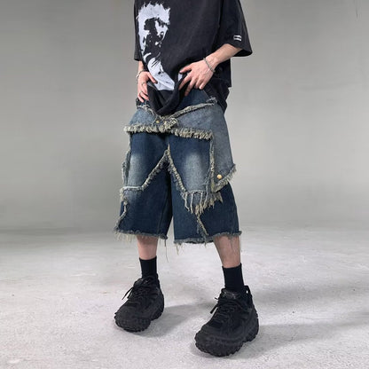 saferido skater boy outfits American-Style Retro Multi-Pocket Star Frayed Jeans Men's and Women's Loose Washed Distressed Wide-Leg Pants Summer