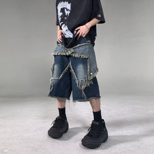 saferido skater boy outfits American-Style Retro Multi-Pocket Star Frayed Jeans Men's and Women's Loose Washed Distressed Wide-Leg Pants Summer