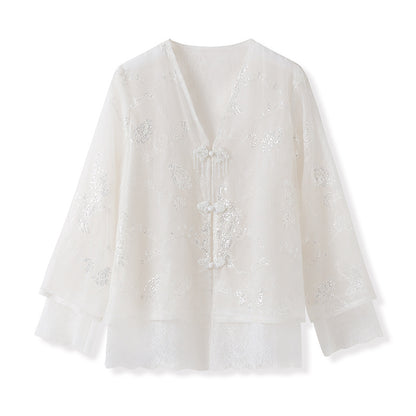 New new Chinese style embroidered thin Tencel jacket women's solid color temperament high-end light luxury top M4102