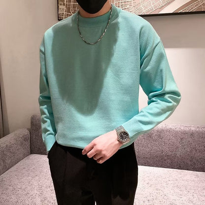 saferido      -shop mens fashion Spring and Autumn New Pure Color Sweater Men's Fresh round Neck Basic Long Sleeve Youth Casual Drop Shoulder Bottoming Shirt
