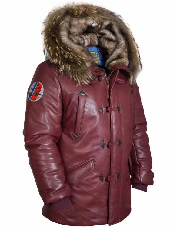 2025 Casual zipper hooded stand-up collar winter spot red straight hem youth sheepskin leather jacket