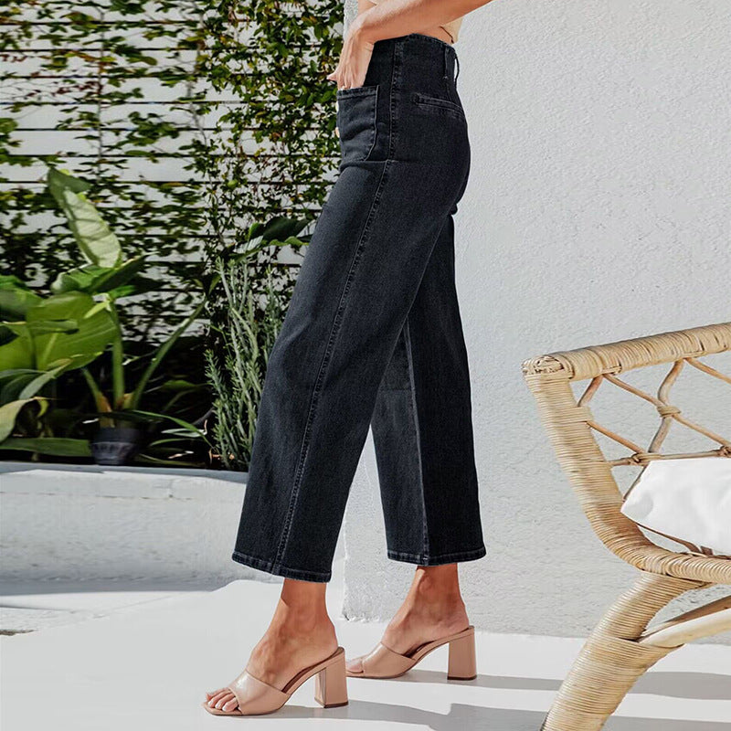 2025 retro loose straight-breasted single-breasted high-waisted wide-leg pants women's jeans nine-point pants wholesale