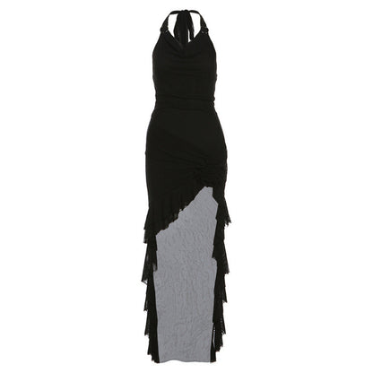 2025 style popular summer new women's clothing solid color sexy spice girl neck slim waist mesh dress