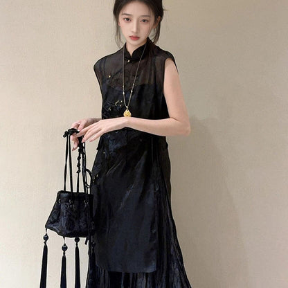 summer new new Chinese style embroidered long top half body yarn long skirt temperament set M4205