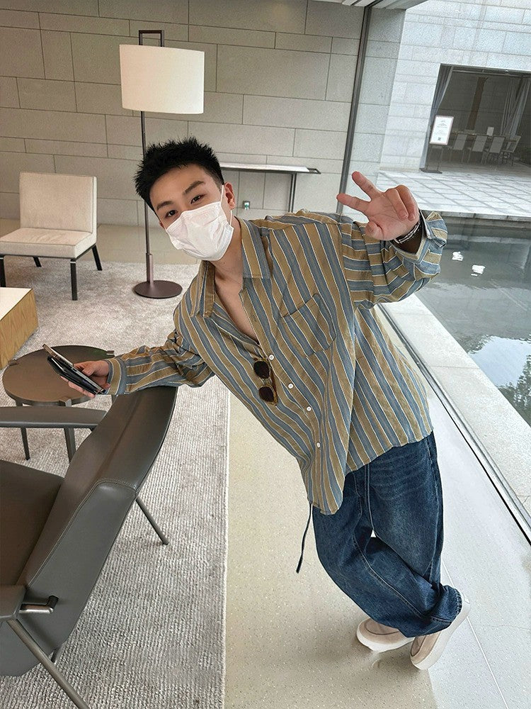 Lazy striped thin sunscreen long-sleeved shirt men's American retro literary men and women trendy neutral style autumn shirt