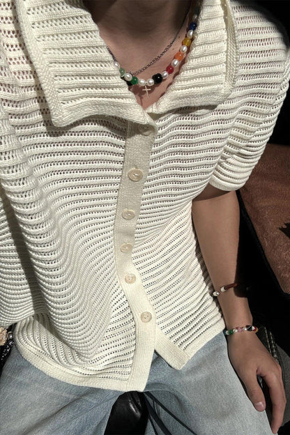 Niche retro hollow shirt boys new summer knitted sweater short sleeve old money style wear lapel half sleeve top
