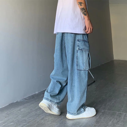 saferido 90s fashion men INS Japanese Style Street Retro Draping Loose Wide Leg Casual Large Pocket Workwear Denim Washed Dad Pants Men and Women