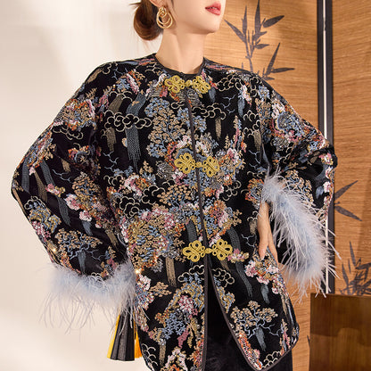 New Chinese style  spring new temperament buckle top heavy industry sequined embroidered ostrich wool sleeve jacket MZ081