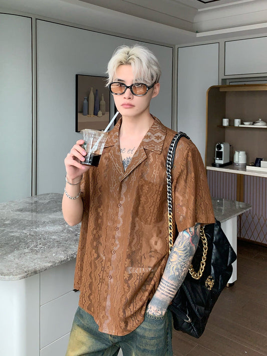 Niche retro jacquard hollow design short-sleeved shirt men summer new lazy style lapel shirt trend