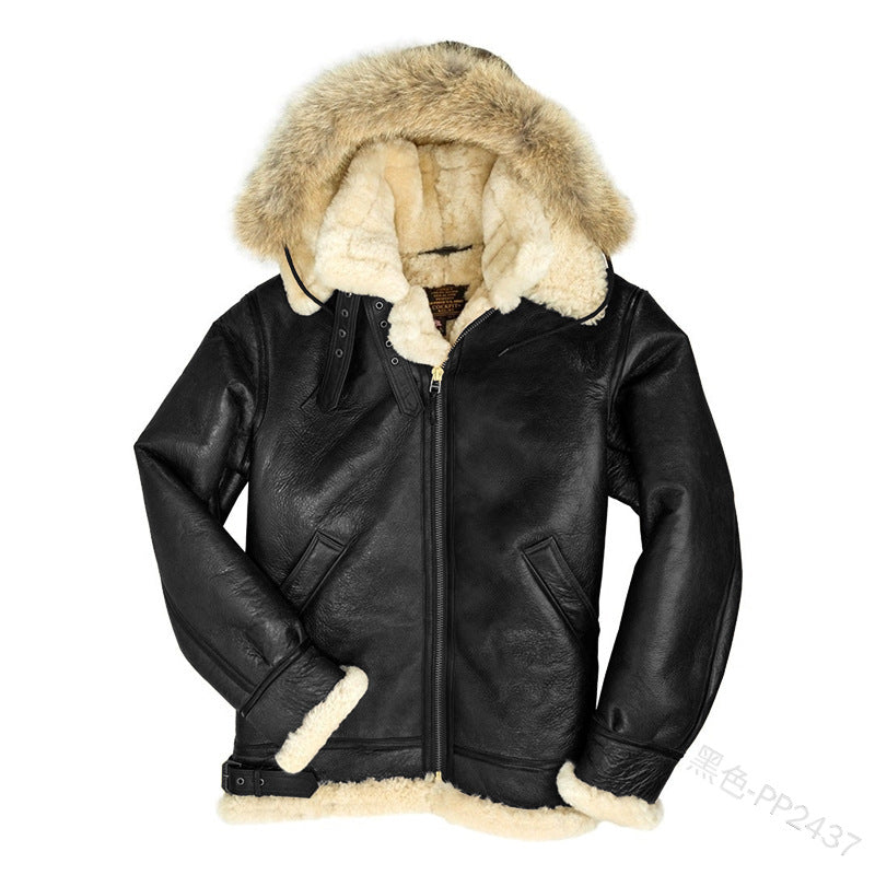2025 Hot Trade  Winter Men's Fur Collar Casual Hooded Jacket Lapel Fleece Slim Leather Jacket