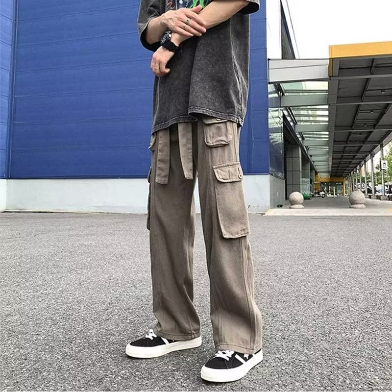 saferido boy outfits Trendy Casual Pants Pants Youth Popular Men's Solid Color Fashion Straight Spring Loose Overalls Mid Waist