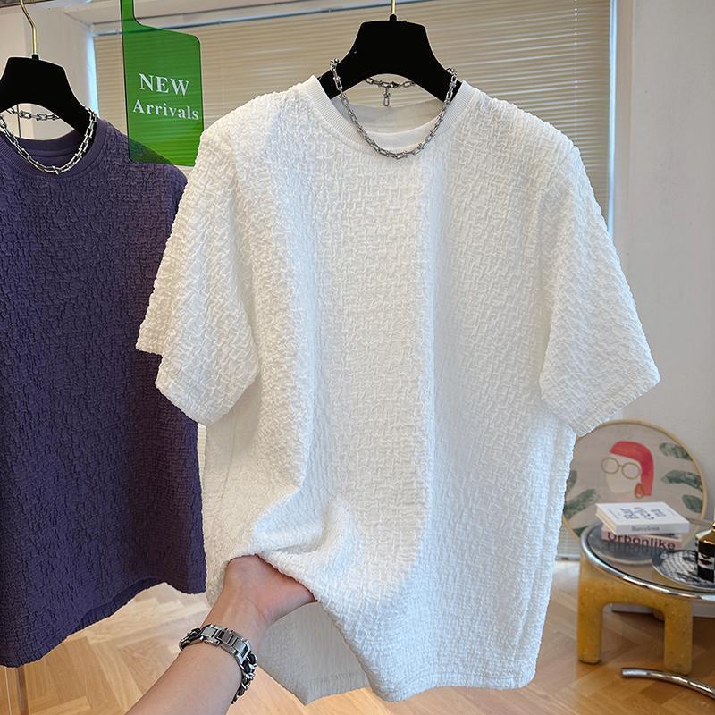 High-grade texture design casual short-sleeved T-shirt for men and women, seersucker lazy summer loose temperament men's top