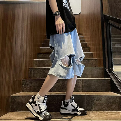 saferido skater boy outfits Summer Fashion Brand Thin Knee Ripped Jeans Men's American-Style Loose Straight Wide-Leg Pants Trendy Shorts