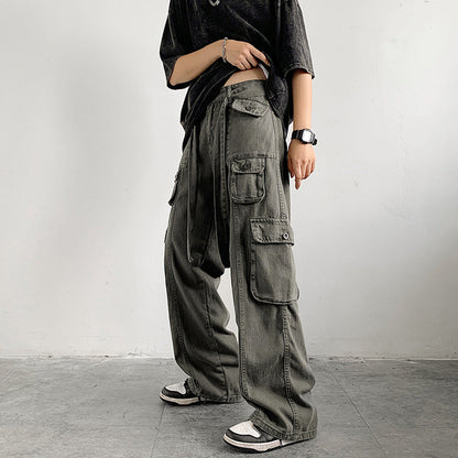 saferido fall outfit men American Hip Hop Straight Overalls Summer Boys High Street Multi-Pocket Wide Leg Mopping Pants Fashion Ins