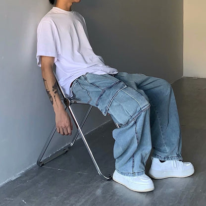 saferido 90s fashion men INS Japanese Style Street Retro Draping Loose Wide Leg Casual Large Pocket Workwear Denim Washed Dad Pants Men and Women