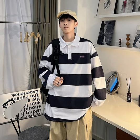 saferido      -shop black men fashion urban Retro Color Matching Striped Long-Sleeved Polo Shirt Men's Fashion Brand Loose Boyfriend Style Couple Casual Sweater Jacket