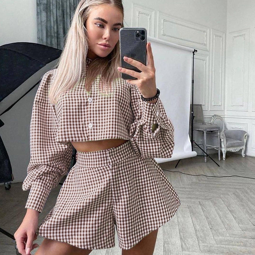 2025 Summer  Women's Clothing Commuter Long Sleeve Shirt Shorts Two-piece Lantern Sleeve Plaid Hong Kong Style Fashion Suit