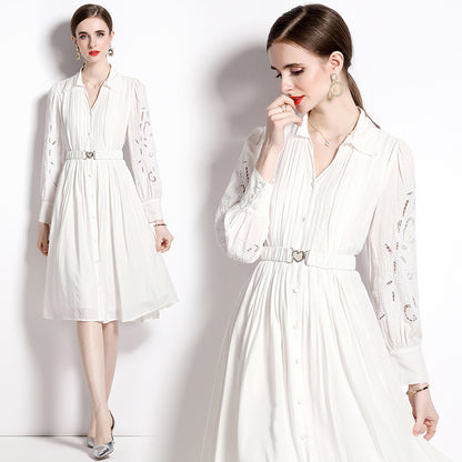White shirt dress women's long-sleeved design sense niche  hollow embroidery waist holiday style shirt skirt