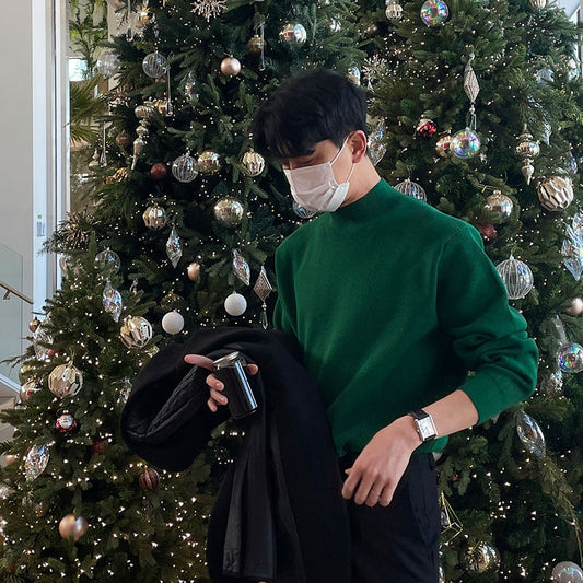 saferido      -shop classy outfits men Men's Korean-Style Winter Versatile Retro Christmas Green Sweater round Neck Pullover Sweater Fashionable Trendy Sweater