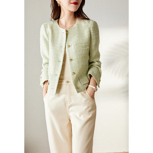 2025 Wool tweed spring and autumn small fragrant jacket  new autumn clothing short candy green top women's spring clothing