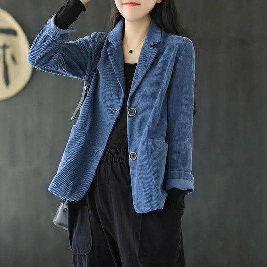 large size corduroy suit collar short jacket women's autumn new long-sleeved literary and retro casual jacket top