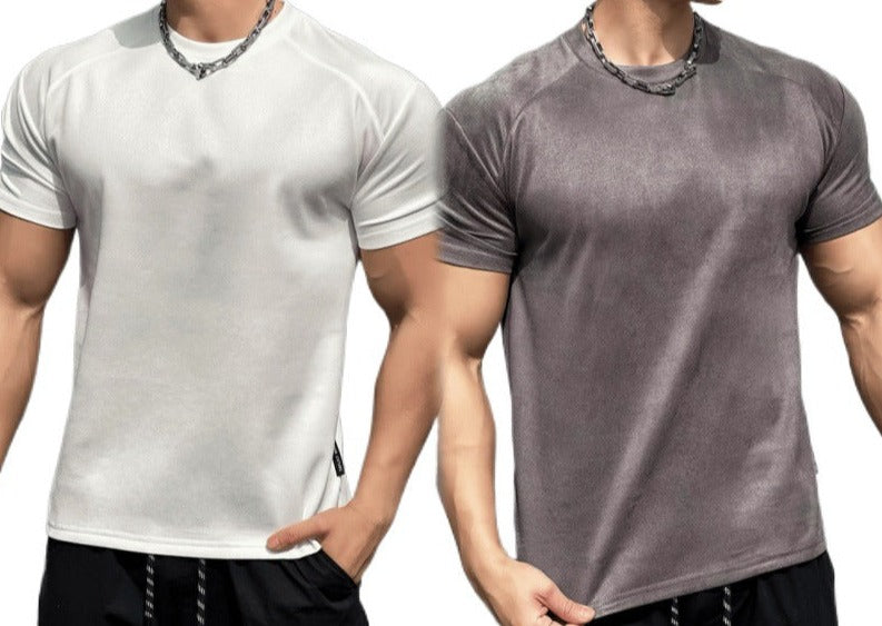 Fitness short-sleeved men's sports round neck T-shirt American summer solid color slim fit all-match trendy brand heavy casual training clothes