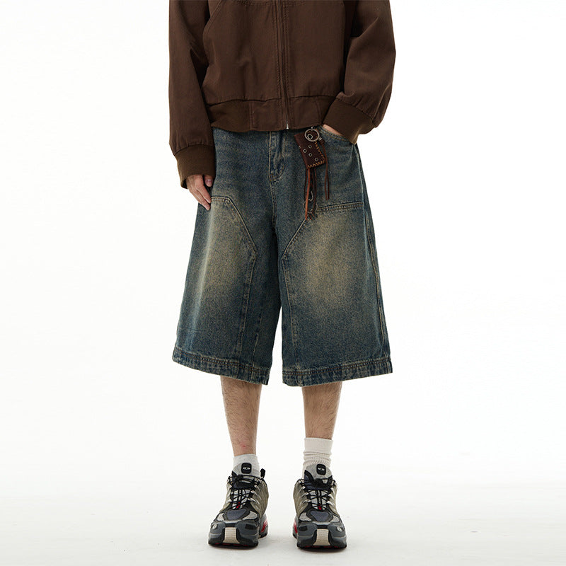 American high-grade denim shorts men's retro pants European and American logging wide-leg shorts six-point pants couple summer