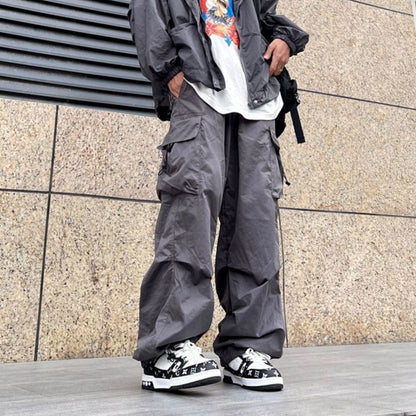 saferido boy outfits Japanese Harajuku Style American Style Wide Leg High Street Multi-Pocket Drawstring Casual Pants Loose Oversize Overalls