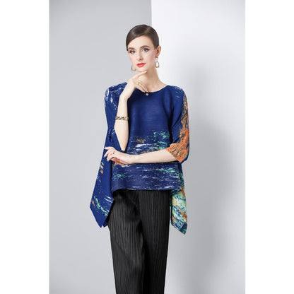 Pleated Popularan, n style, Popular style, advanced sense, loose elastic pleated printed top, seven-quarter sleeve crew neck, new summer models