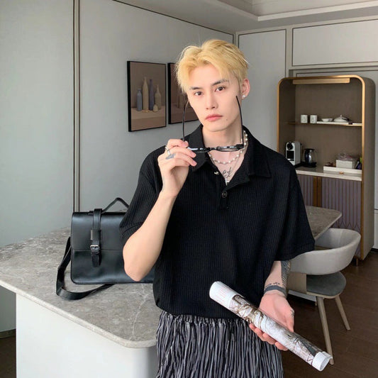 Design waffle texture cool lapel polo shirt men's light mature solid color short-sleeved T-shirt men's summer ins trend