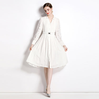 White shirt dress women's long-sleeved design sense niche  hollow embroidery waist holiday style shirt skirt