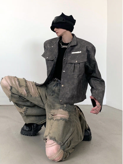 Wasteland old retro washed high street ripped jeans men's spring new wide-leg niche design beggar pants