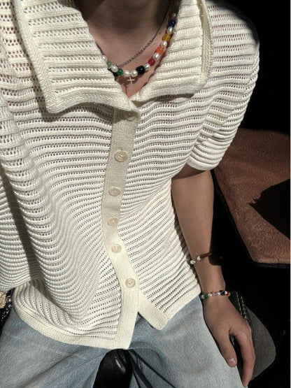 Niche retro hollow shirt boys new summer knitted sweater short sleeve old money style wear lapel half sleeve top