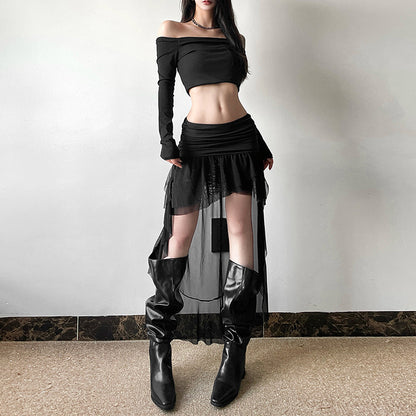 Cross-border 2025 style popular autumn new women's clothing light tulle cascade design pure black mesh slim skirt