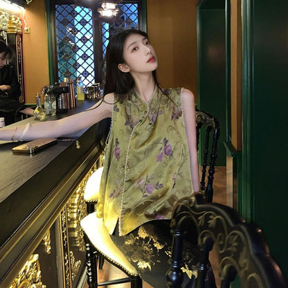 Summer new national style light luxury printed vest retro celebrity loose and thin meat cover premium top M6057
