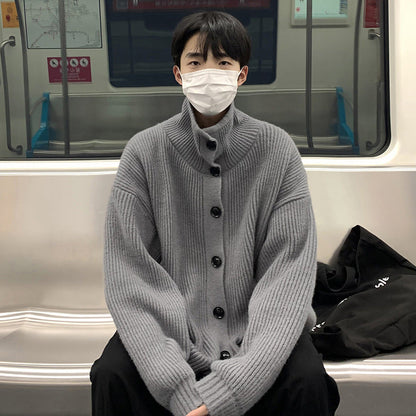 saferido winter outfits men Retro Simple Cardigan Sweater American Lazy Style Knitwear Autumn Long Sleeve Half Turtleneck Hy615tp60 White