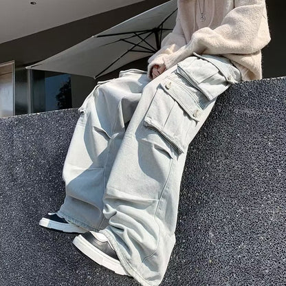 saferido mens fashion Retro American-Style Large Pocket Jeans Men's High Street Vibe Wide-Leg Pants Niche Workwear Ruan Handsome Trousers