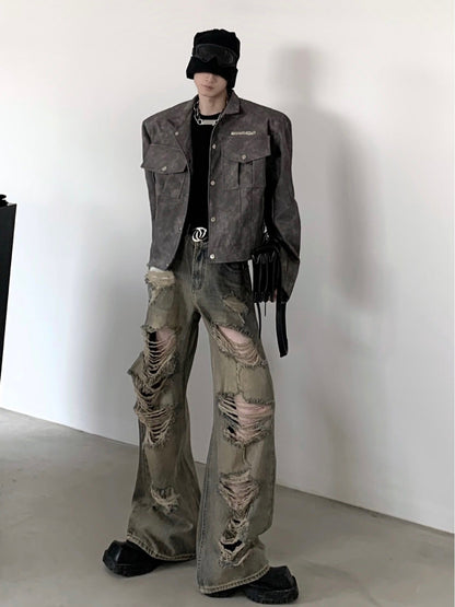 Wasteland old retro washed high street ripped jeans men's spring new wide-leg niche design beggar pants